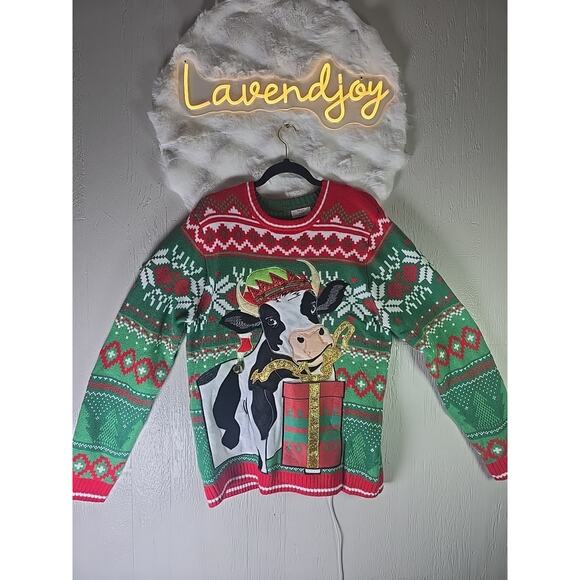 Big & Tall Ugly Christmas Holiday Sweater COW Mens L 42-44 Winter Cozy Party - Picture 1 of 7